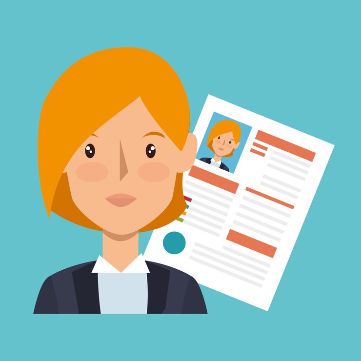 Vetor avatar de personagem de mulher de negócios com o ícone de cv