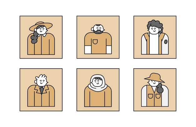 Avatar de pessoas com moldura quadrada definir ilustração de personagem desenhada à mão