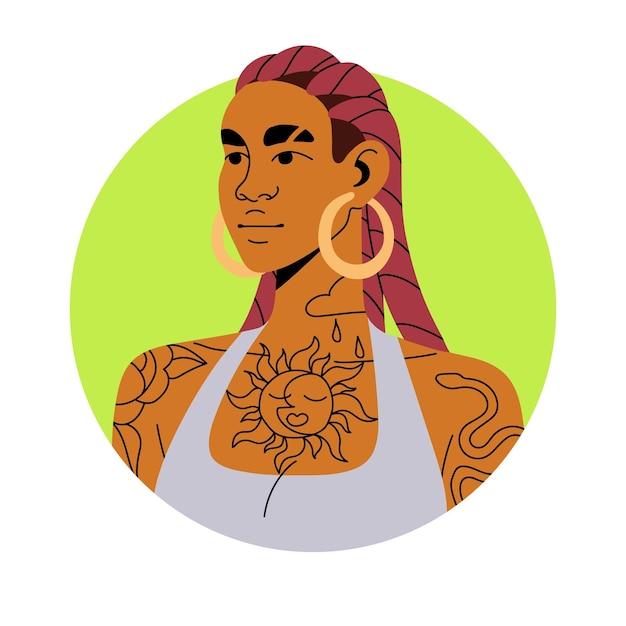 Vetor avatar de rosto de menina da moda jovem moderna em brincos de anel dreadlocks penteado e tatuagem retrato de cabeça feminina atraente na moda em círculo ilustração em vetor plano isolada no fundo branco