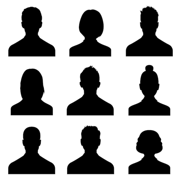 Avatar de silhuetas de cabeça masculina e feminina, ícones de perfil.