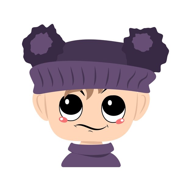 Avatar de uma criança com olhos grandes e um sorriso largo e feliz em um chapéu violeta com cabeça de todd