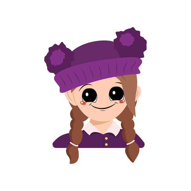 Avatar de uma menina com olhos grandes e um sorriso largo e feliz em um chapéu roxo com uma cabeça de pompom de criança ...