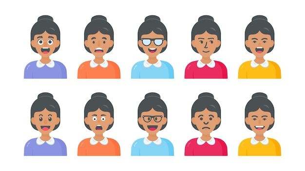 Avatar feminino e rosto de desenho animado com diferentes expressões faciais e conjunto de ilustração de personagens