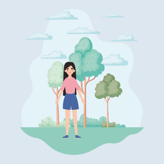 Vetor avatar mulher árvores arbustos e nuvens