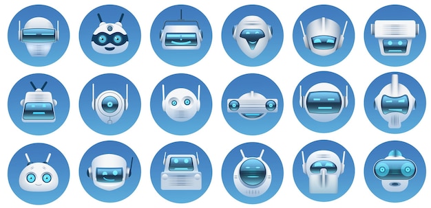 Avatares da cabeça do robô. Assistente virtual de desenho animado, caras de bot de bate-papo, logotipo de robôs, emoji e mascotes. Conjunto de vetores de ícones de personagens futuristas do Android. Assistente virtual de ilustração, robô com cabeça de emoji