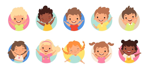 Avatares de crianças felizes. crianças fofos sorrindo, menino menina em conjunto de vetores de rodadas. avatar de ilustração de menina e menino, crianças felizes, felicidade infantil