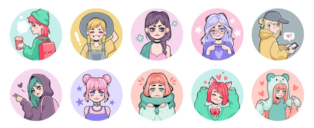 Avatares de garotas de anime. mulher adolescente asiática bonita kawaii com  expressões faciais e atividades em várias roupas, retrato de perfil de  personagens de desenhos animados na moda em vetor de círculo