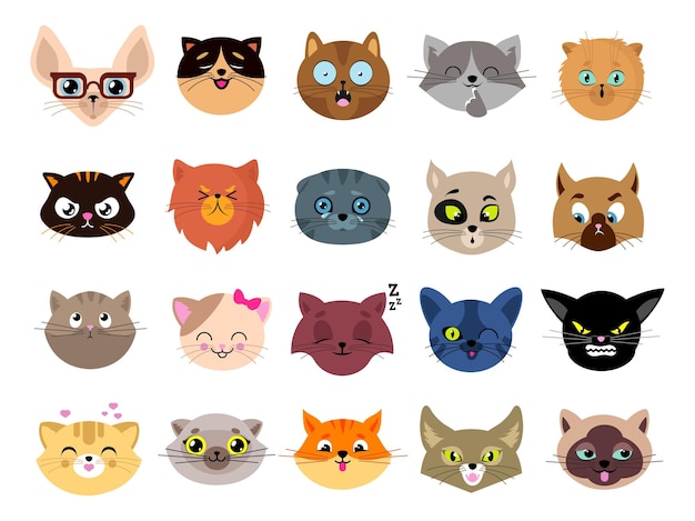 Avatares de gatos. rostos de gato chatos. gatinho isolado cabeças com olhos. personagens de emoji engraçados de animais, adesivos de emoticon. ilustração em vetor clipart animal de estimação fofo. rosto de avatar de gato, cabeça de animal de desenho animado