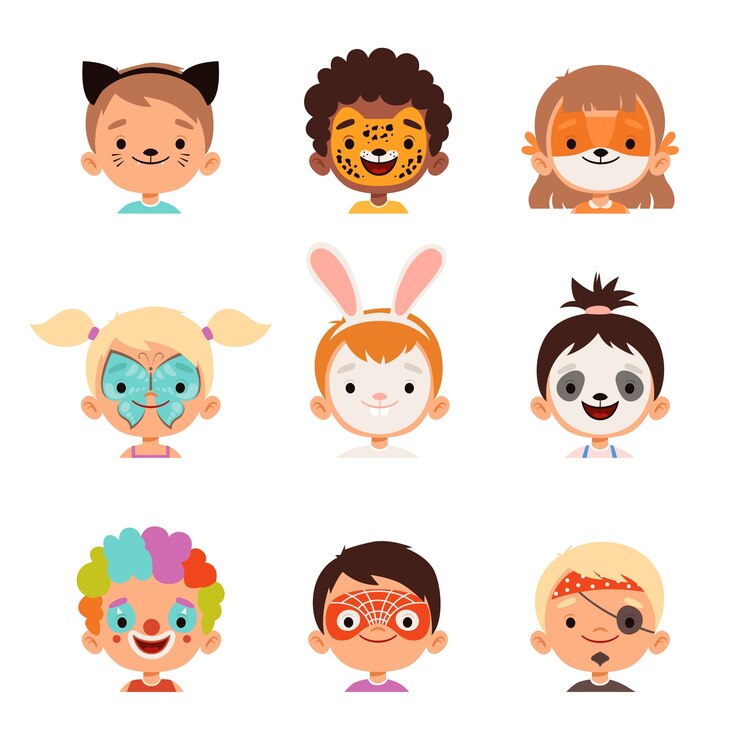 Vetor avatares de pintura de rosto. crianças felizes retratos coleção de desenhos de maquiagem criativa. rosto de maquiagem, desenho de menina e menino disfarçados em ilustração de máscara