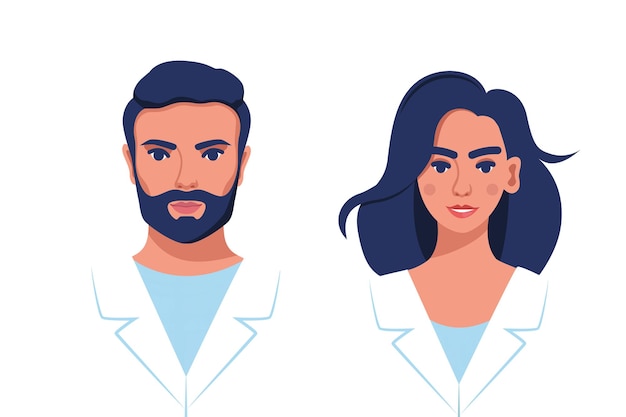 Vetor avatares planos de medicina com médicos masculinos e femininos em roupão médico equipe clínica médica