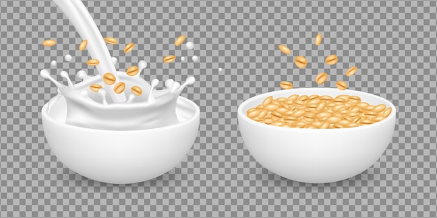 Vetor aveia. alimentos orgânicos saudáveis de leite, muesli, trigo. tigelas de vetor realista branco com aveia. café da manhã de cereais com leite, ilustração de mingau natural de aveia