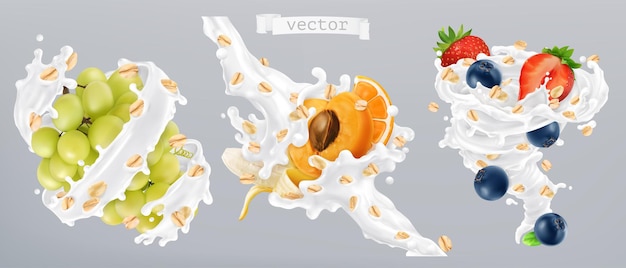 Vetor aveia em flocos, frutas e respingos de leite. ícone de vetor 3d realista