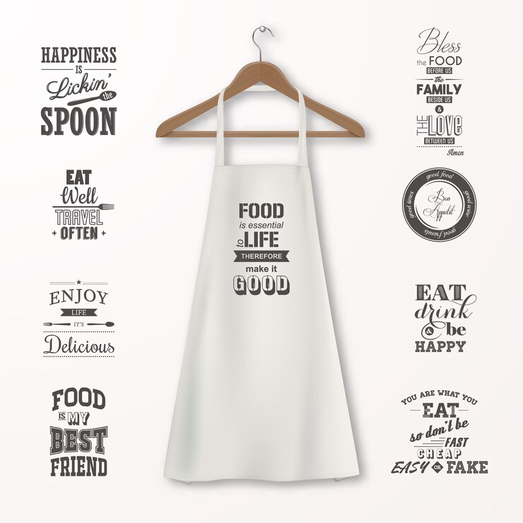 Vetor avental de cozinha de algodão branco realista de vetor com cabide de madeira para roupas e citações sobre comida definir closeup isolado no branco. modelo de design, mock up para branding, gráficos, publicidade, impressão.