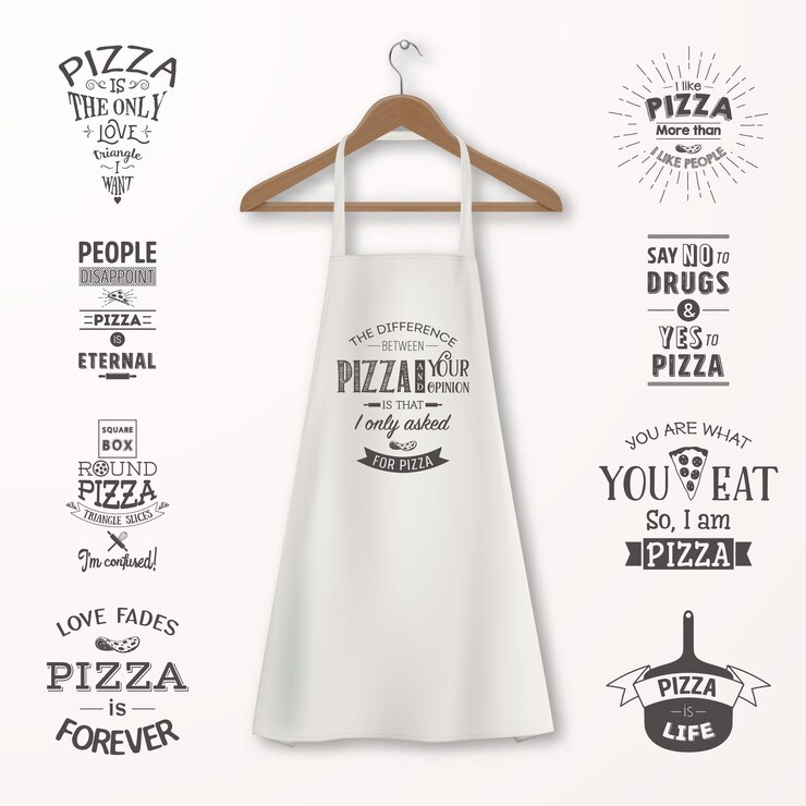 Vetor avental de cozinha de algodão branco realista de vetor com cabide de madeira para roupas e citações sobre pizza conjunto closeup isolado no branco. modelo de design, mock up para branding, gráficos, publicidade, impressão.
