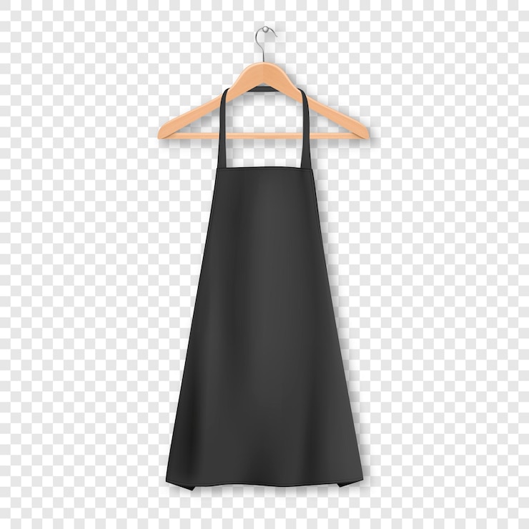 Vetor avental de cozinha de algodão em branco preto de vetor com closeup de cabide de madeira de roupas isolado no fundo de grade de transparência. molde do projeto, mock up para branding, publicidade etc. conceito de cozinha ou padeiro.