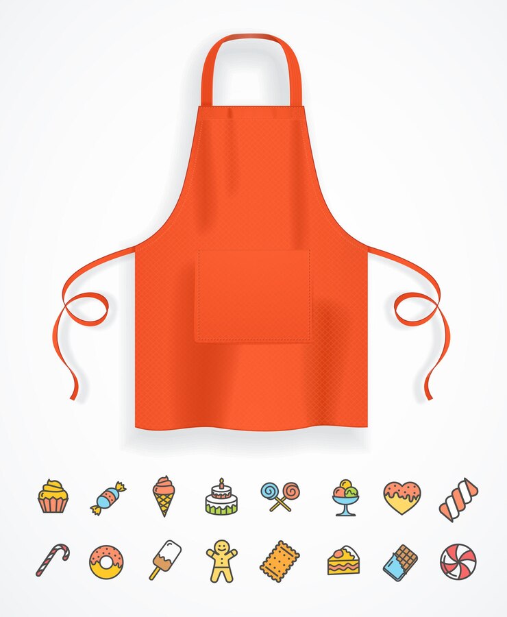 Vetor avental vermelho 3d detalhado realista e conceito de ícone de linha fina de ilustração vetorial de cozinha de ícones de padaria