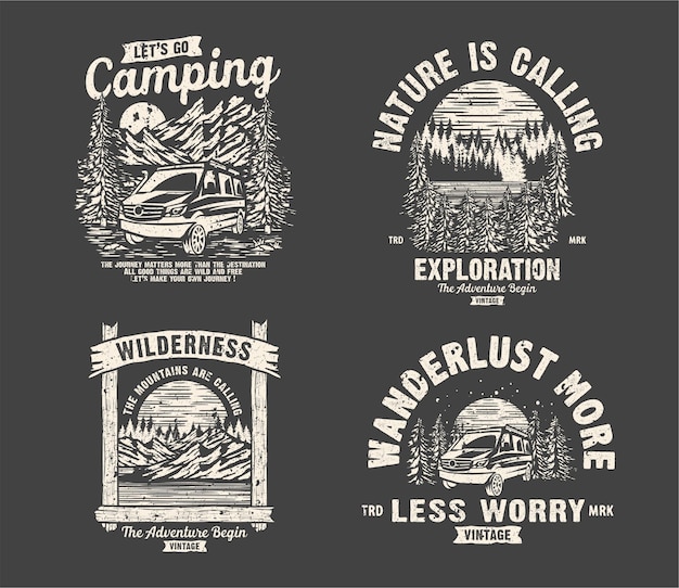 Aventura de conjunto de logotipo vintage e montanhas ao ar livre acampando para adesivo, chapéu, camiseta, design de pôster