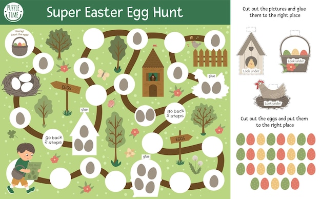 Aventura de páscoa jogo de tabuleiro de caça aos ovos para crianças com personagens fofinhos