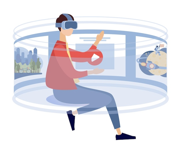 Vetor aventura de realidade virtual. homem usando óculos de realidade virtual. no mundo vr. futuro do mundo cibernético
