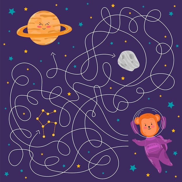 Aventura espacial de astronauta de macaco com labirinto jogo de labirinto infantil engraçado lógica educacional planetas bonitos dos desenhos animados estrelas astronautas fundo de cartão de criança ilustração vetorial de elementos desenhados à mão