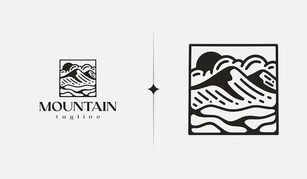 Aventura na colina da montanha explore monoline símbolo premium criativo universal vetor modelo de logotipo de ícone de sinal ilustração vetorial