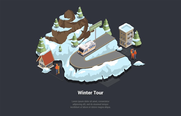 Aventuras caminhadas família viajando e férias de inverno camper van na floresta andando pela estrada na pequena cidade natal ao ar livre viagem em família nas montanhas nevadas isométrica 3d ilustração vetorial