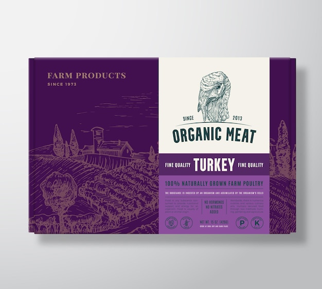 Aves de qualidade premium mock up design de rótulo de embalagem de carne de vetor orgânico em uma caixa de papelão ...