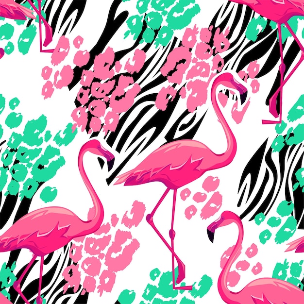 Vetor aves do paraíso mão desenhada flamingo sem costura padrão pele de zebra e manchas de leopardo ilustração vetorial de fundo