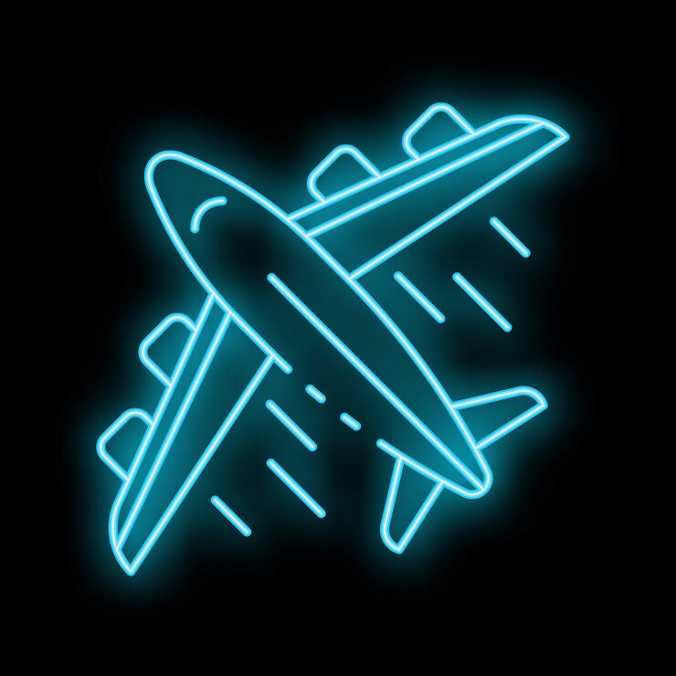 Vetor avião azul-neon a decolar sobre um fundo preto