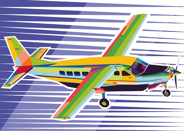 Avião colorido em estilo pop art isolado em fundo preto