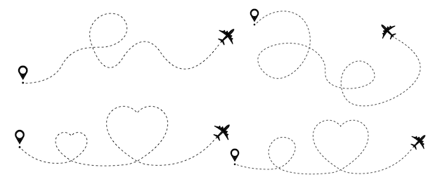 Avião com rota pontilhada avião linha tracejada com coração