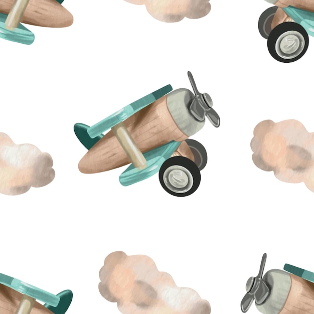 Vetor avião de brinquedo e nuvens padrão vetorial sem costura aquarela cartões de saudação convites embalagem