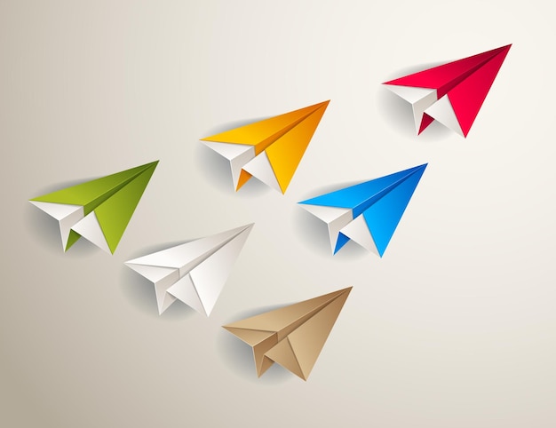 Avião de origami voador liderando o grupo de equipe de aviões menores, conceito de liderança empresarial, ilustração vetorial de estilo moderno 3d.