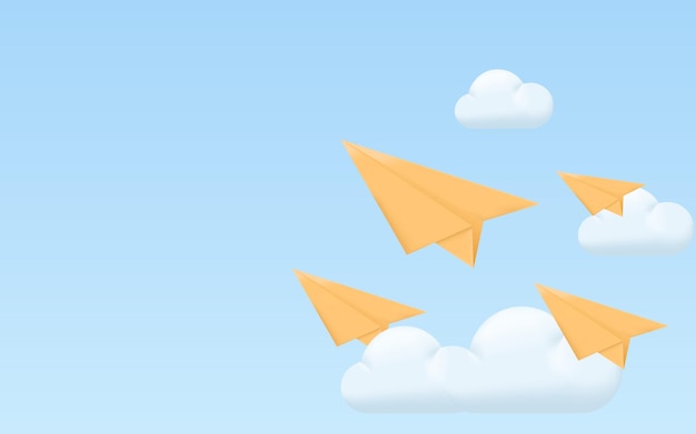 avião de papel 3D com ilustração de nuvem