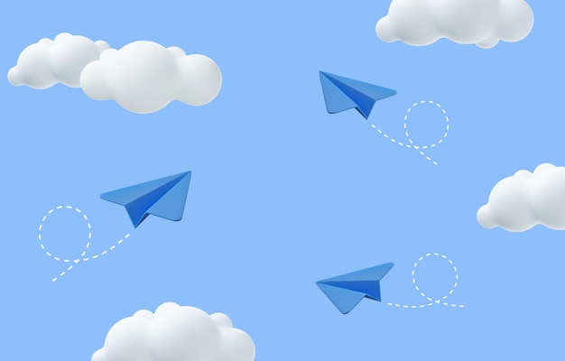 avião de papel 3d com nuvens