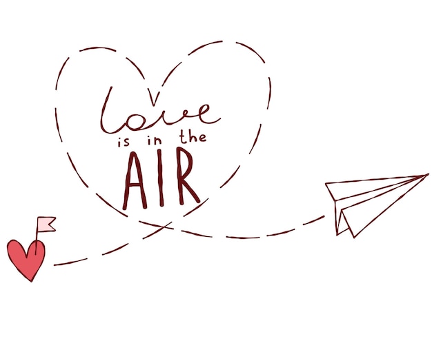 Avião de papel bonito voa texto amor está no ar doodle em um fundo isolado imprimir coração