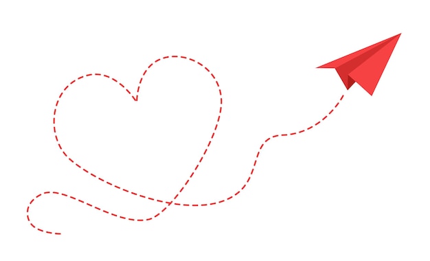Avião de papel com caminho de coração. Voando avião vermelho de origami com contorno pontilhado em design de cartão de amor, viagem ou conceito isolado de vetor de mensagem romântica