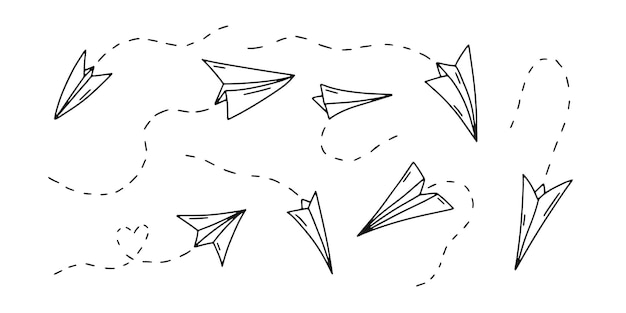 Vetor avião de papel vetor esboço de aviões voadores com direção de pista pontilhada símbolo de viagem ou mensagem