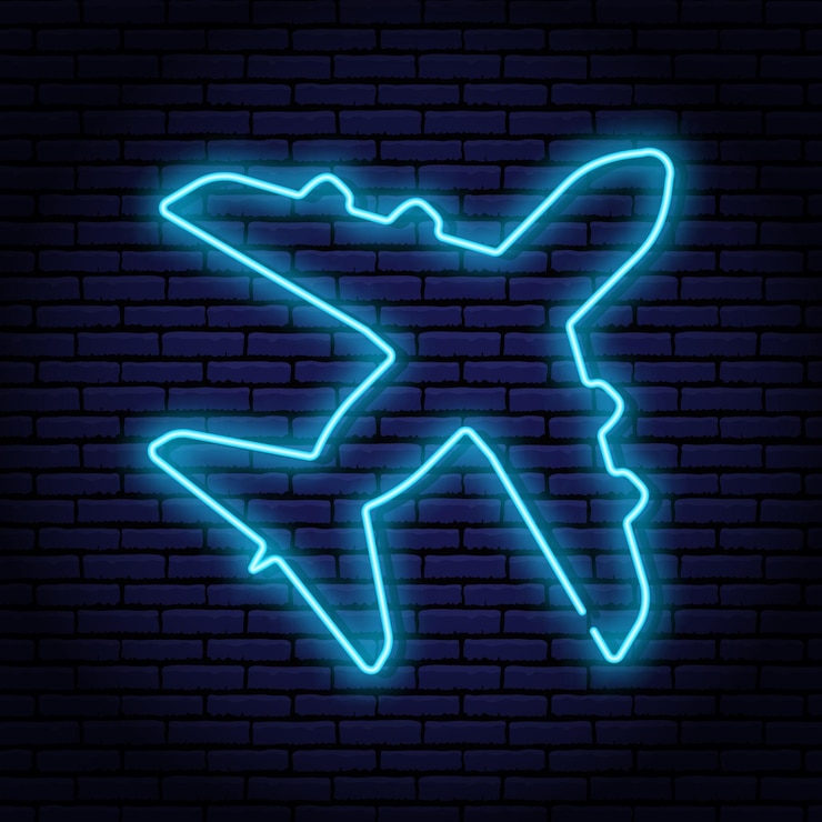 Vetor avião de passageiros em forma de contorno de lâmpada de néon, vista superior. com brilho azul no fundo da parede de tijolo. sinal de publicidade iluminado para seu projeto.