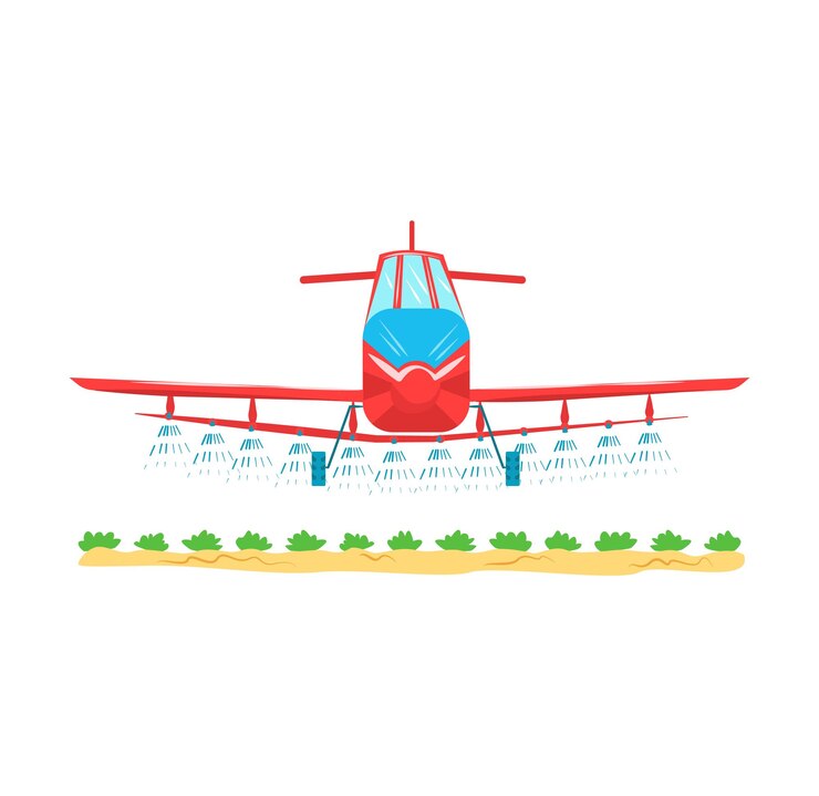 Avião espanador de colheita vermelha pulverizando sobre campo de fazenda verde Aeronaves agrícolas em ação com controle de pragas Avião fertilizando culturas vetor ilustração