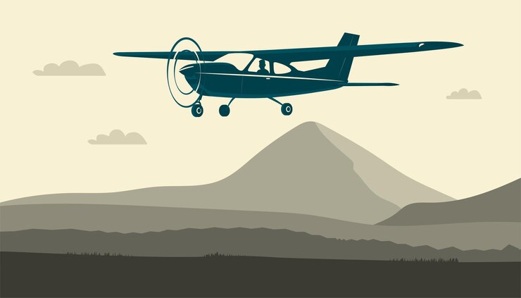Avião monomotor leve com vôo piloto contra o fundo de uma paisagem abstrata