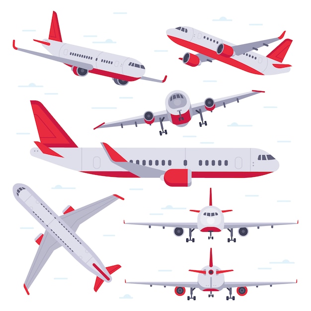 Vetor avião plano viagens de voo de aeronaves, asas de aviação e aviões de pouso isolados