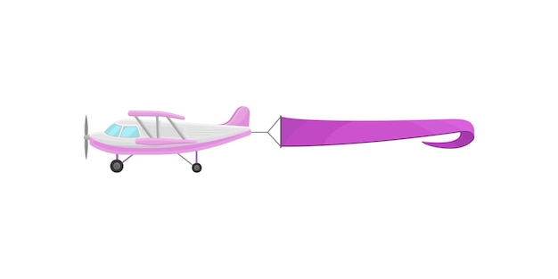 Avião voador com vetor de bandeira publicitária horizontal roxa ilustração isolada em fundo branco