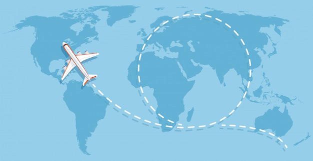 Avião voando acima do mapa do mundo. aeronave viajando conceito vector plana