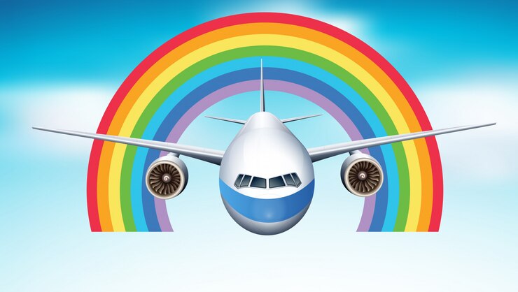 Vetor avião voando no céu azul com arco-íris