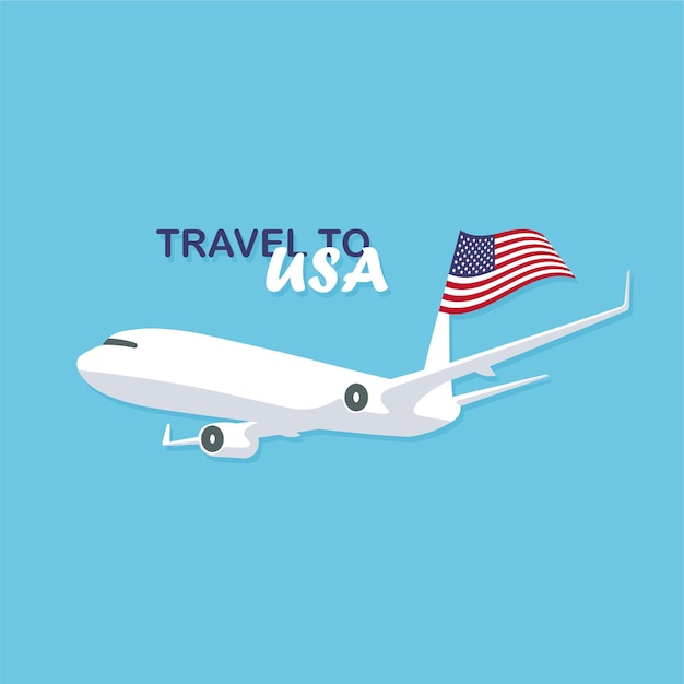 Vetor avião voando no céu com a bandeira nacional americana. viajar para os eua. cartaz de ilustração vetorial.