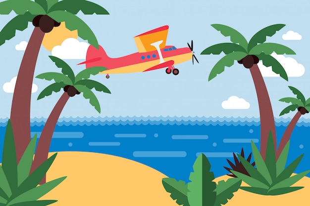 Avião voar para ilha tropical, viagem através do oceano conjunto de ilustração. Desenhos animados voadores de transporte privado, ilha de areia
