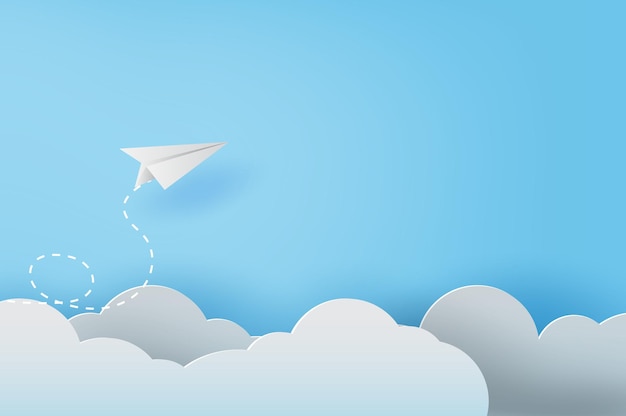 aviões de papel branco voando no céu azul e nuvens Design criativo corte de papel sucesso nos negócios