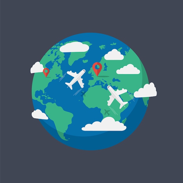 Aviões voando ao redor do planeta Terra isolado no fundo branco ilustração vetorial