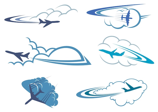 Vetor aviões voando no céu nublado